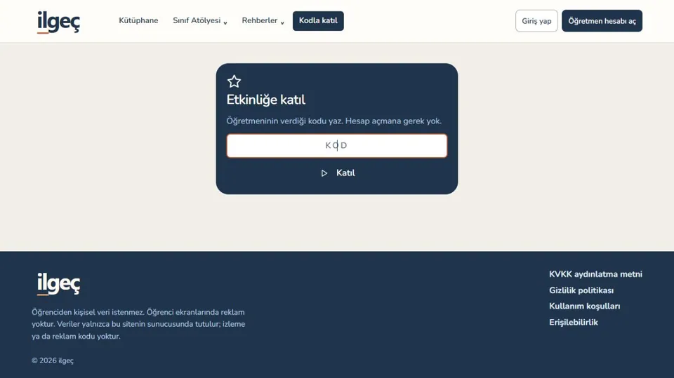 Etkinlik kodu giriş alanı bulunan reklamsız İlgeç öğrenci katılım ekranı